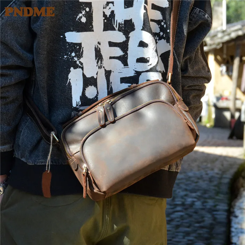 Vintage crazy horse cowhide men's messenger bag handmade outdoor casual luxury natural genuine leather youth travel shoulder bag
