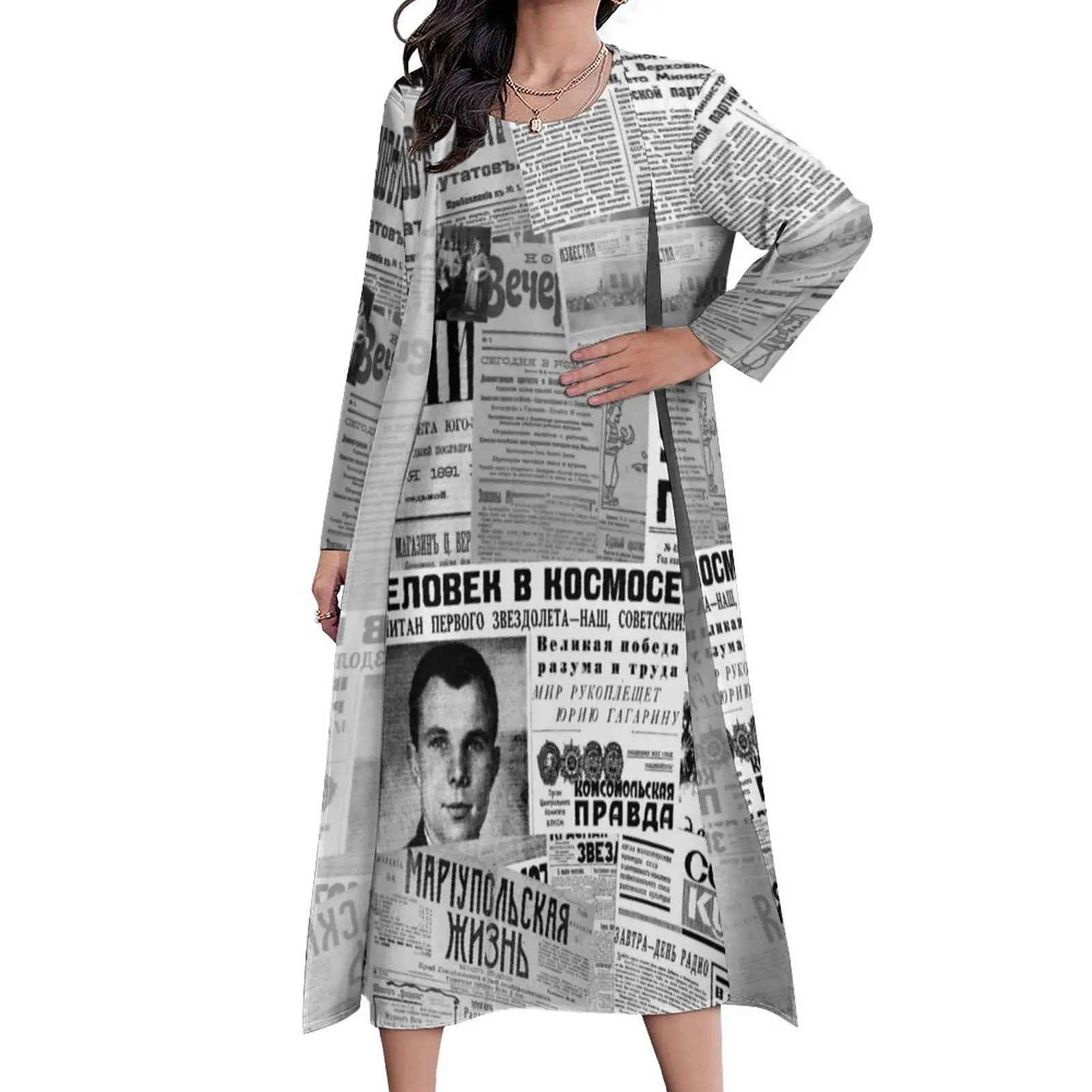 

Russian Newspapers Dress Autumn Newspaper Collage Aesthetic Bohemia Long Dresses Women Graphic Sexy Maxi Dress Large Size