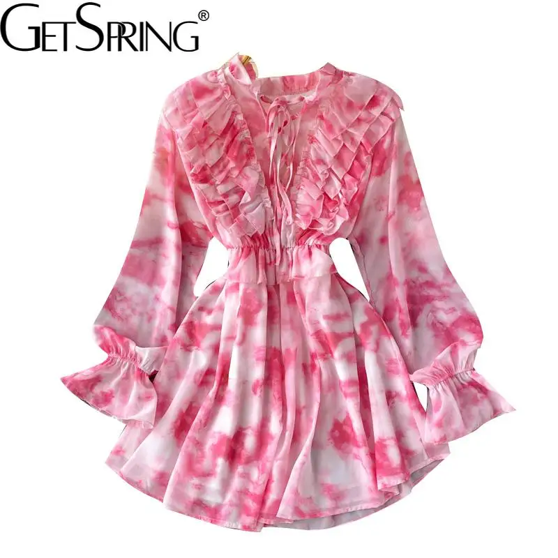 

Getspring Women Dress 2022 Fashion Long Sleeve Loose Printed Stand Collar Ruffles High Waist Sexy Mini Dress Spring Summer New