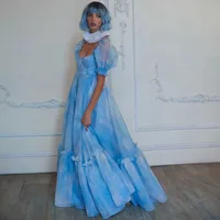 Sky Clouds Printed Blue Prom Dress 2022 Puff Sleeves A Line Prom Gown for Ladies Floor Length Sweetie Party Dresses Long