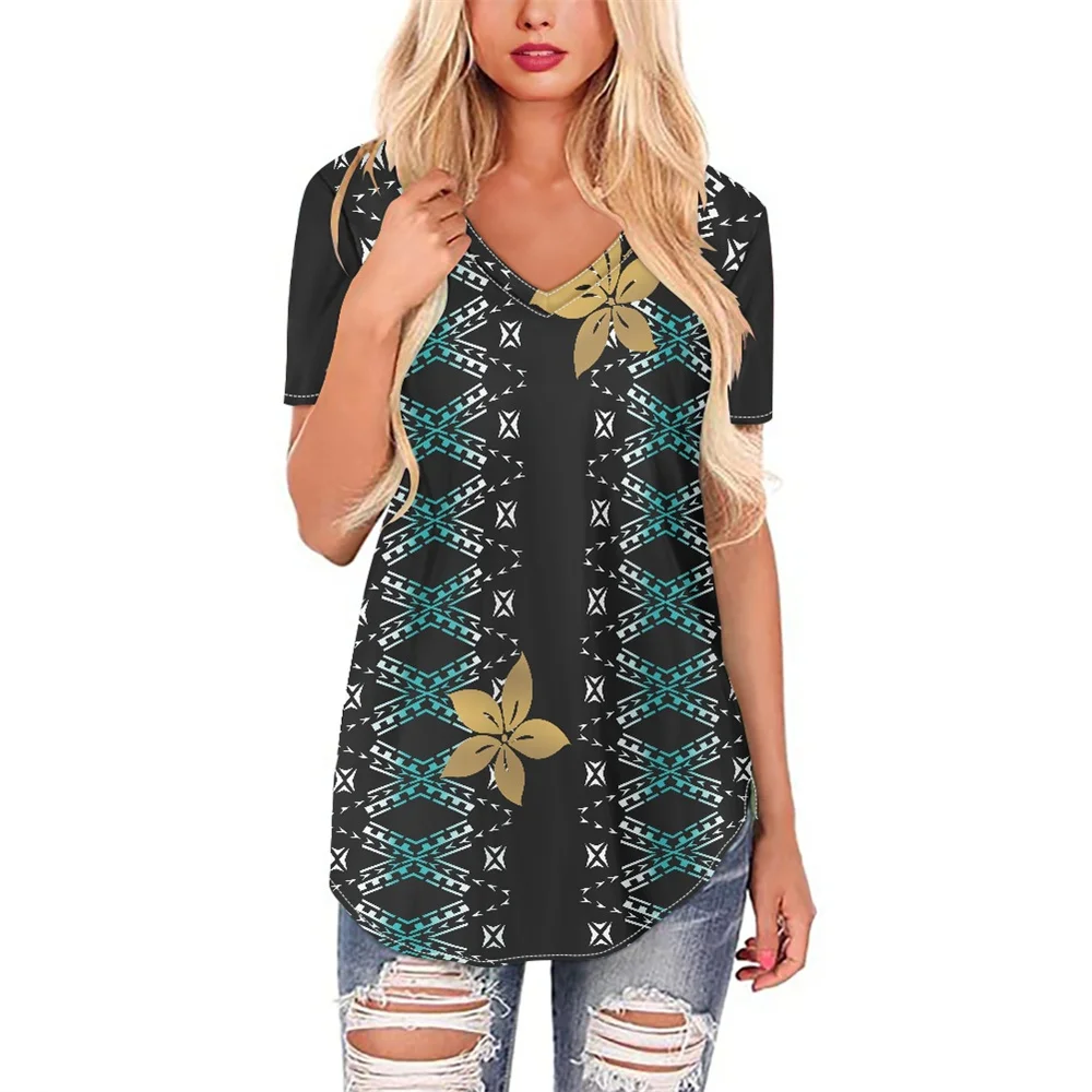 

Print On Demand Women Short Sleeve T-shirts Loose T Shirt Polynesian Tribal Samoa Blue Tapa Flowers Design V-neck Tops For Girls