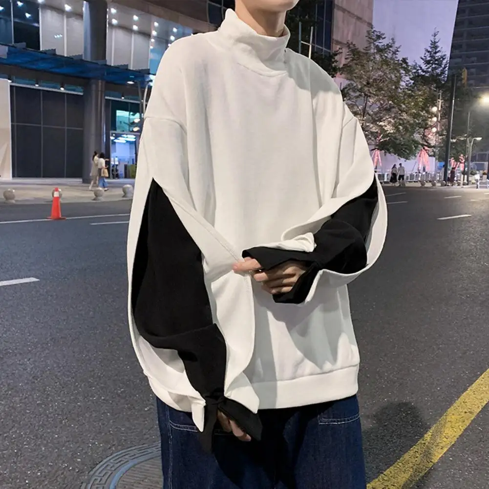 

Men Sweatshirt Long Sleeve Top Stylish Men High Collar Sweatshirt Warm Loose Fit With Colorful Patchwork Men Loose Sweatshirt