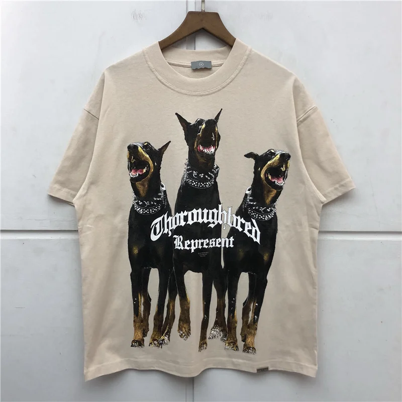 

2022 New Best Quality Hound Print Represent Tee Vintage White Represent THOROUGHBRED T-shirt Men Women Washed Short Sleeve Tees