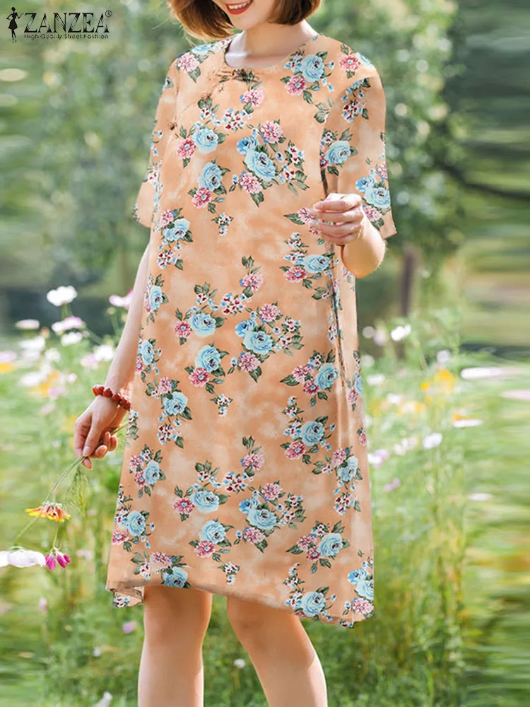 

Платье ZANZEA женское средней длины с круглым вырезом, повседневное Свободное длинное в богемном стиле, с цветочным принтом, праздничная модель 2023