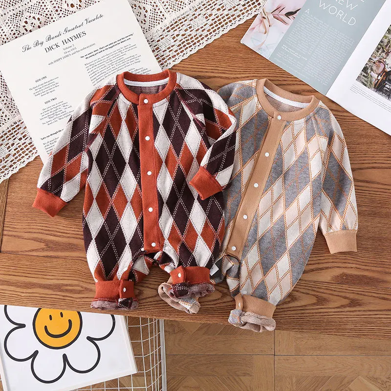 

Детские комбинезоны для маленьких девочек и мальчиков от 0 до 18 месяцев, Вязаный комбинезон из 100% хлопка с длинным рукавом, детский цельнокроеный комбинезон