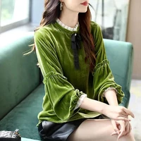 fashion stand collar spliced ruffles bow lantern sleeve blouses 2022 autumn new casual tops loose commute womens clothing shirt
