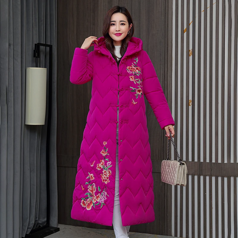 

Chinese style Slim Retro Long Cotton Coat 2022 Winter New Women Parka national Style Large size Printed Cotton Jacket