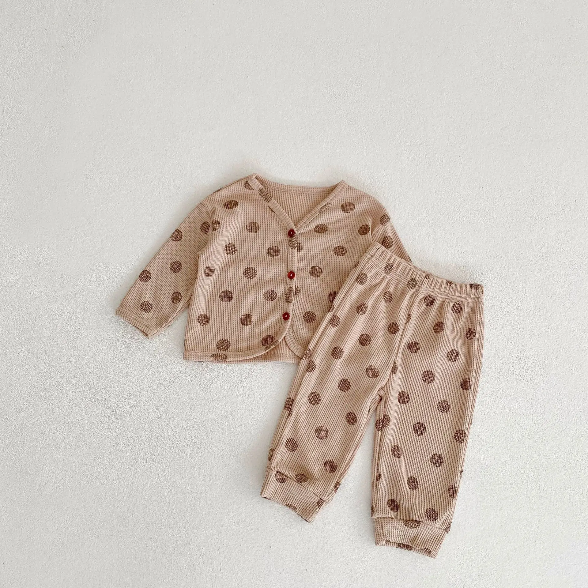 2022 Autumn New Girl Children Waffle Dots Shirt Set Boy Baby Long Sleeve T-shirt+Pants 2pcs Home Suit Infant Cotton Tops Suits