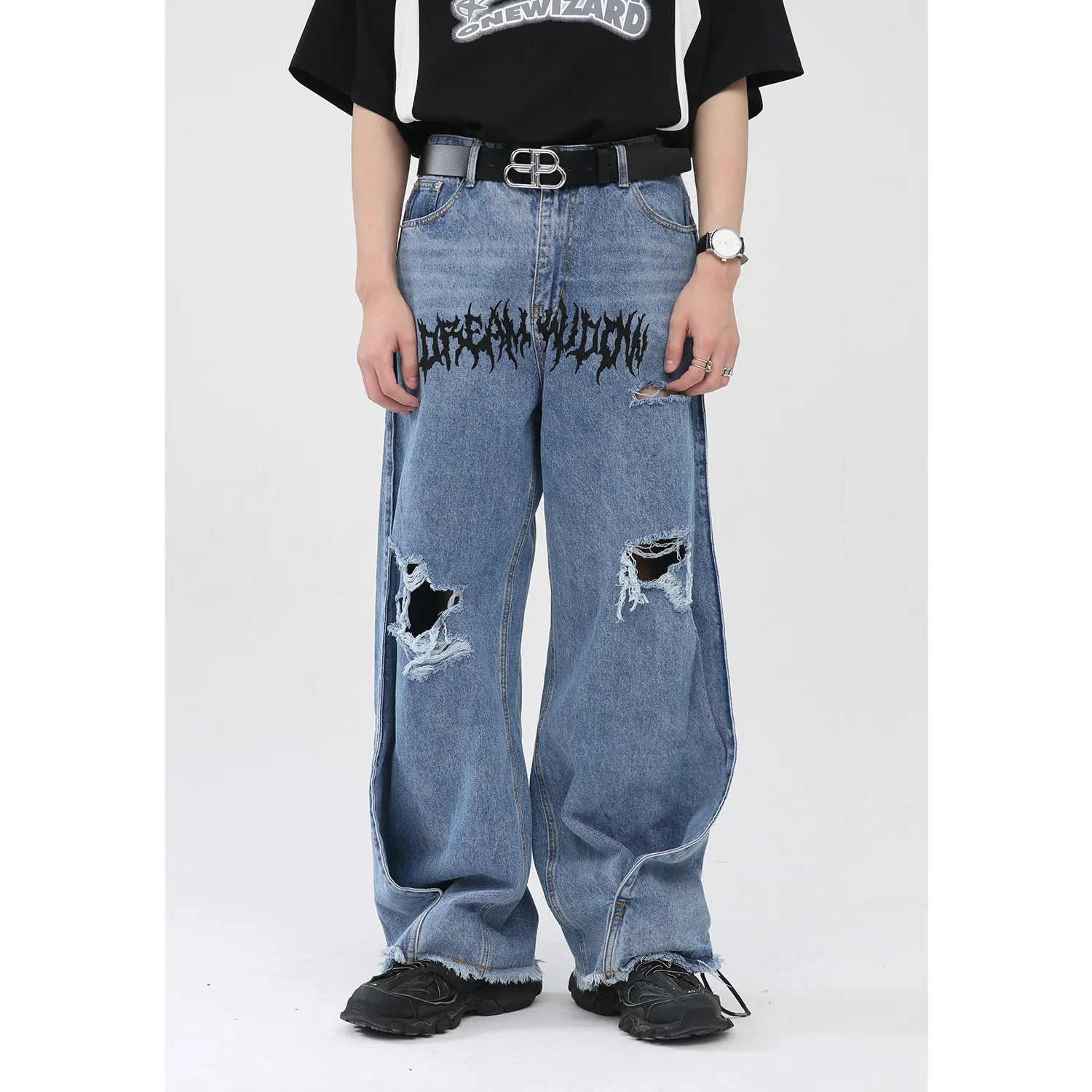 Men Jeans Korean Version Trend Letter Printing Loose Ripped Raw Edge Jeans Hip Hop Design Trousers Street Clothing Ins Hot Sale