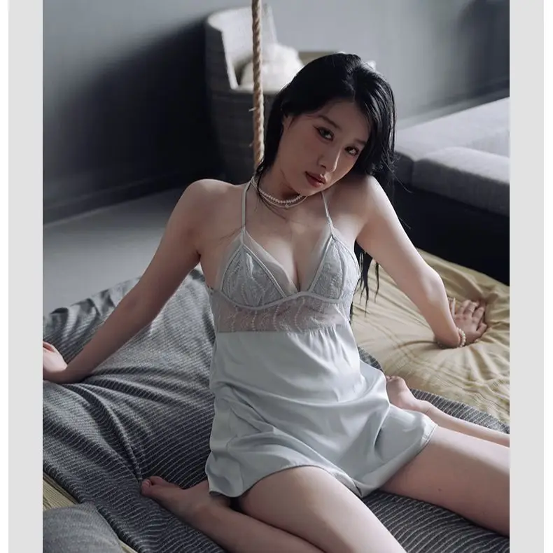 Sexy summer lace nightdress, ice silk satin suspenders V-neck pajamas, breathable spot home wear can be worn outside