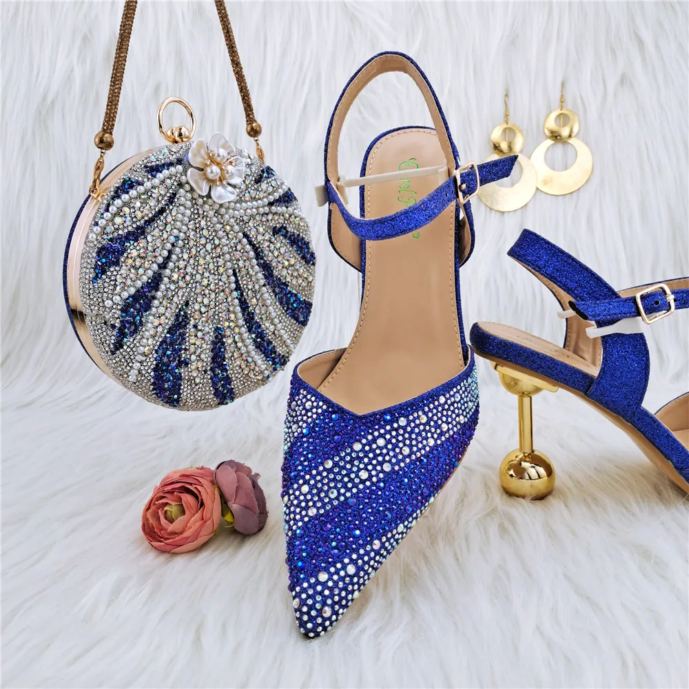 

Women Shoes and Bag Set In Italy Blue Color Italian shoes and bags to match Decorated with Rhinestone Nigerian Wedding Elegant