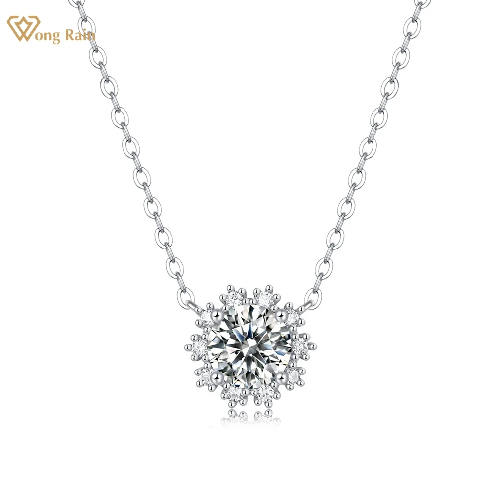 

Вонг дождь 925 стерлингового серебра D Цвет 1CT настоящий Муассанит бриллиантами круглый срезной драгоценный камнень цветок кулон ожерелье юв...