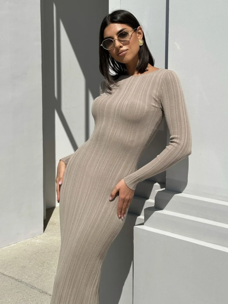 

Autumn Long Sleeve Knitted Maxi Dress Women Elegant Sexy Pit Strip O-Neck Bodycon Evening Party Dresses 2023 Lady Casual Dress