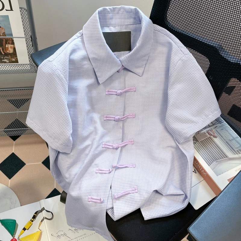 

Летняя Фиолетовая рубашка, женская блузка с воротником-поло, шикарные Дизайнерские повседневные топы с сеткой, новинка 2023, модная винтажная женская рубашка на пуговицах