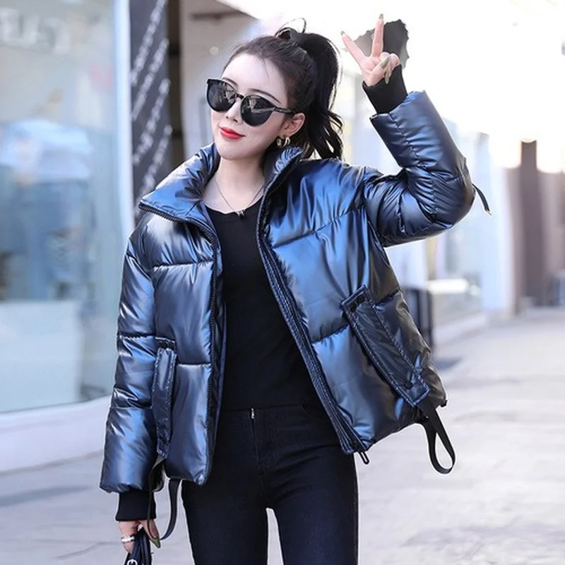 Women Autumn Winter Cotton Trend Casual Solid Color Coats Short Bright Face 2023 New Warm Jackets Thick Long Sleeve Overcoats