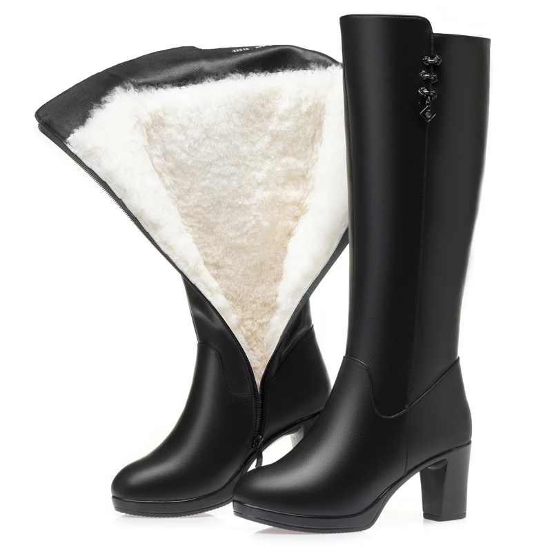 

Winter Shoes Boots Women Genuine Leather 2023 Natural Wool Warm Women Long Boots High Heel Large Size 41 42 43 Women Boots