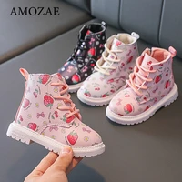 warm baby girls british style leather boots autumn and winter new girl martin boots cute strawberry short boots