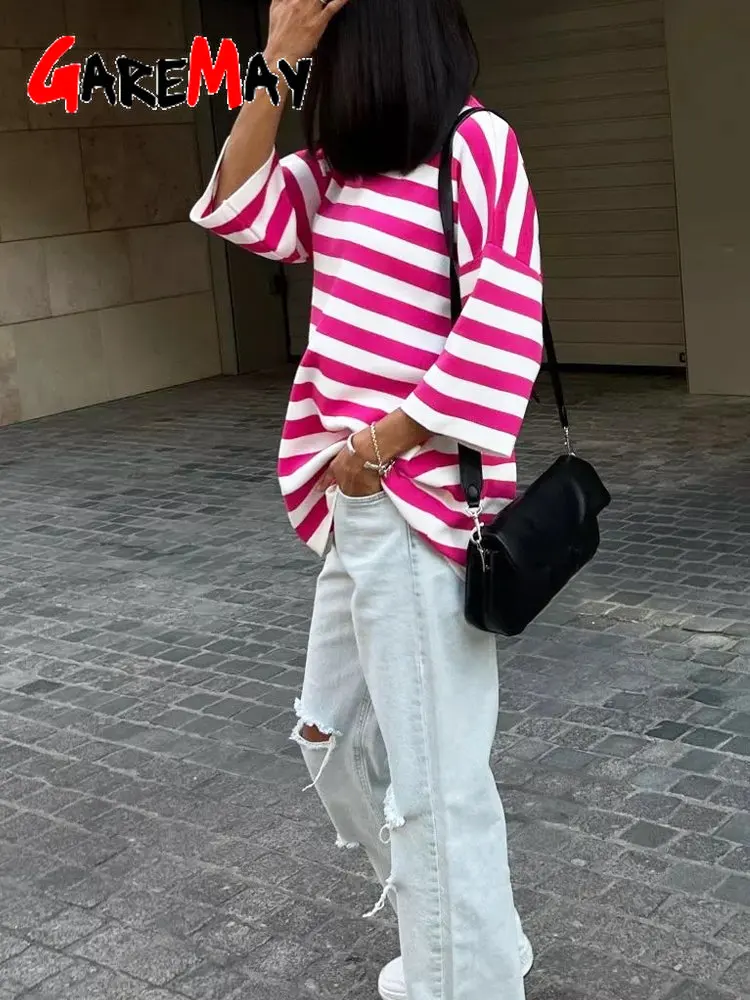 Женская хлопковая футболка в полоску с принтом и коротким рукавом винтажные