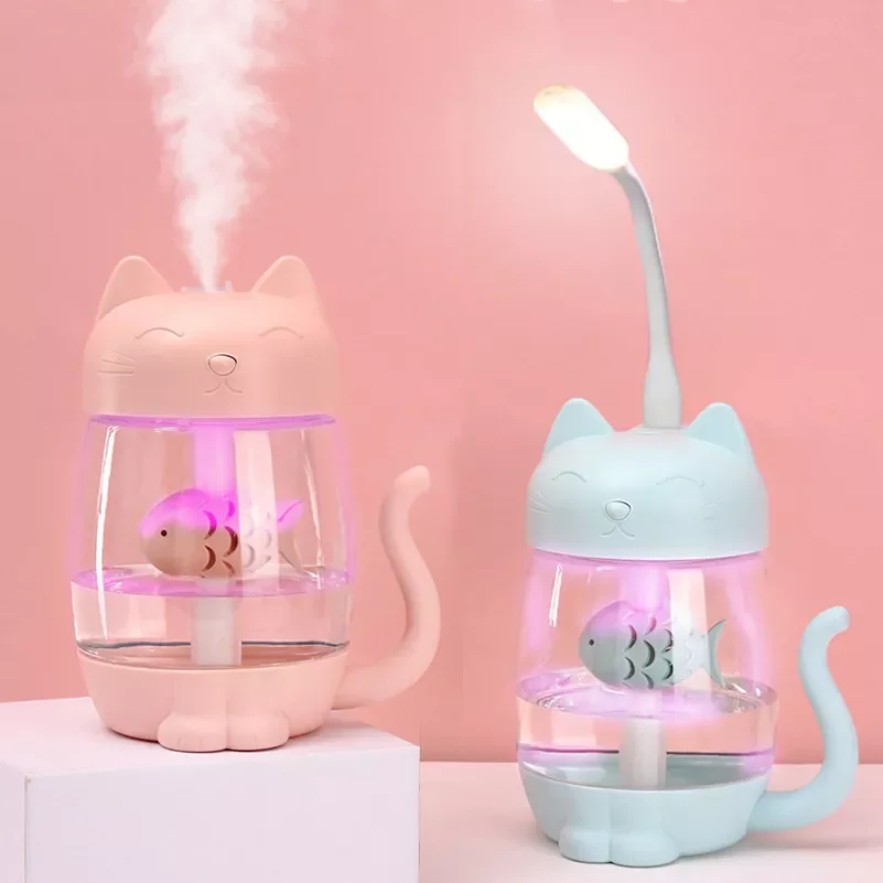 

3 In 1 Air Humidifier Cartoon Cat Essential Oil Diffuser USB Car Purifier Cool-mist Fogger Maker with Fan&table Lamp LED 350