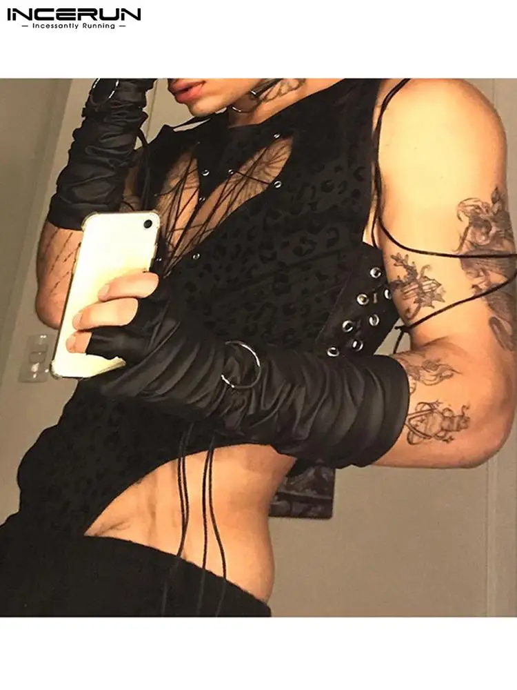 INCERUN Comfortable Loungewear New Men Rompers Breathable Mesh Hollow Jumpsuit Casual Male Drawstring Sleeveless Bodysuits S-5XL