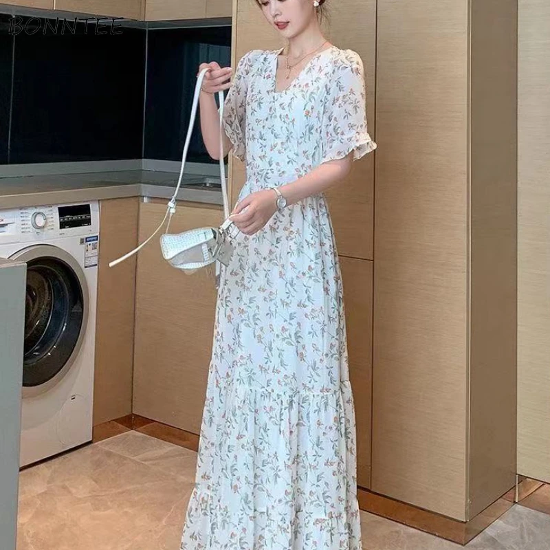 

Dresses Womens Casual Summer Thin Aesthetic Printing V-neck Simple Ankle-length All-match Floral Female Elegant Trendy Tender