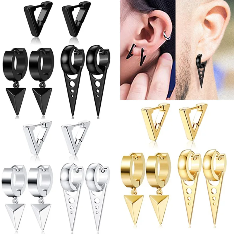 

3Pairs Black Earrings Set Stainless Steel Stud Hoop Earrings for Men Women Triangle Pendant Street Pop Hip Hop Ear Jewelry