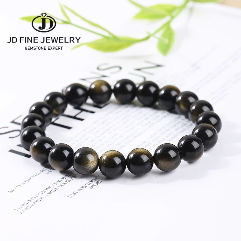 JD Natural Stone Black Gold Color Obsidian Bead Stretch Bracelets Men Women Round Classic Bracelets&Bangle Lucky Jewelry Gifts