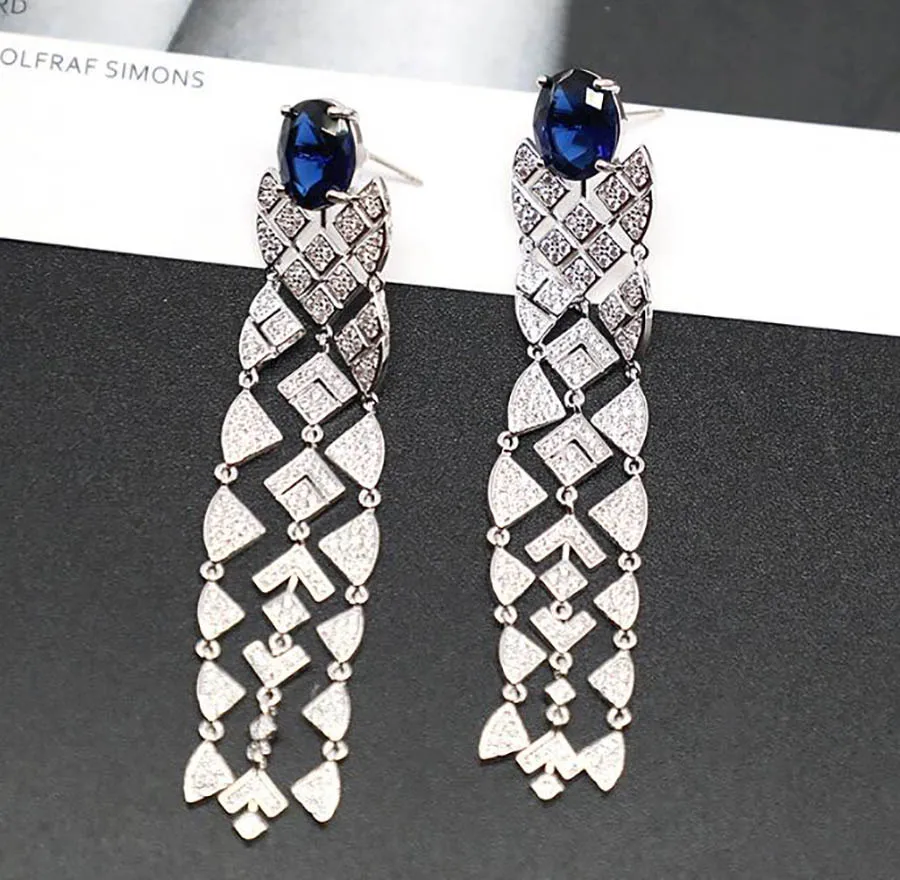 

Fashion new European blue diamond long tassel earrings for women classic geometry fan-shape luxurious classic jewelry
