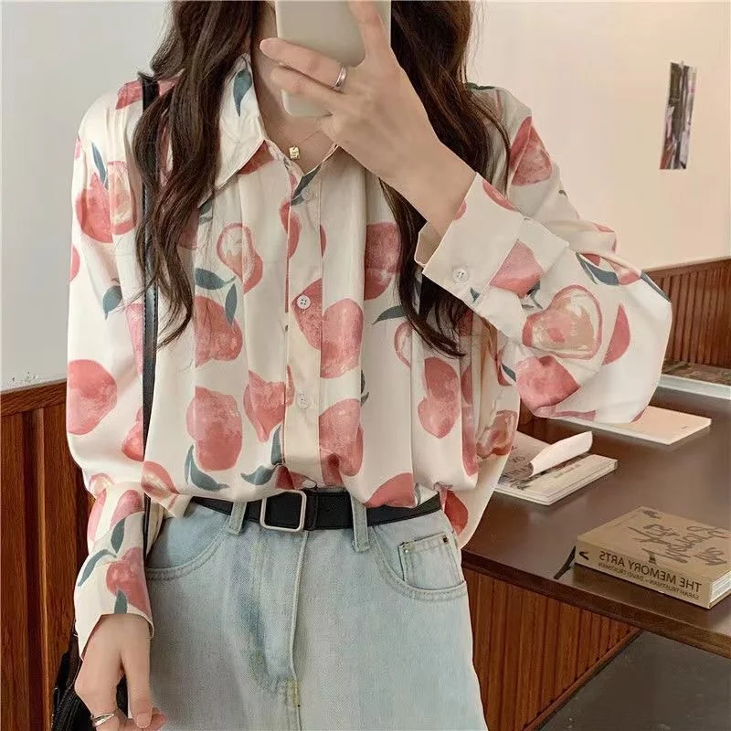 Women Summer Fashion Floral Blouses Tops Lady Retro Casual Long Sleeve Peach Printed Button Up T-Shirt Korean Japanese Trendy