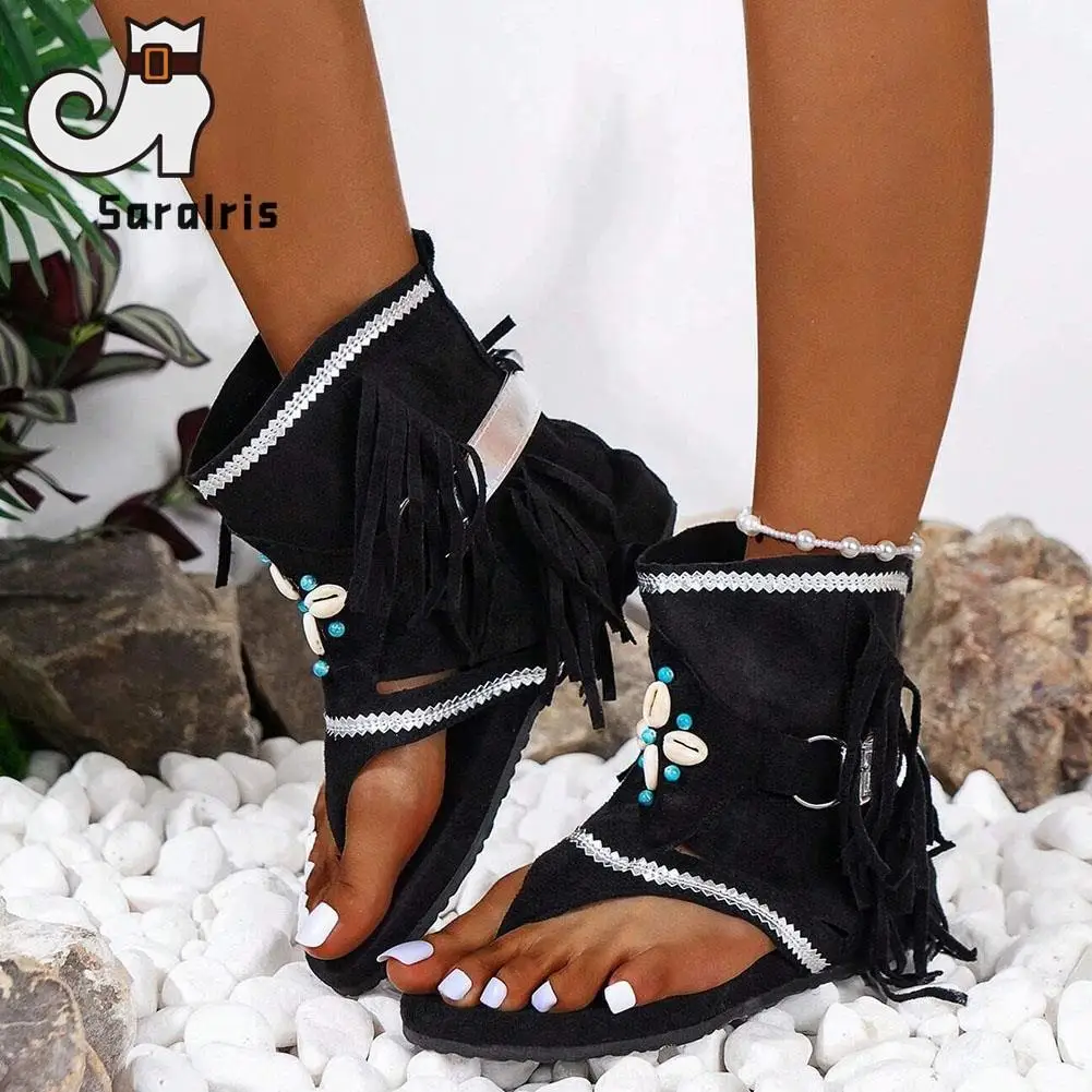 Hot Fashion Western Vintage 2023 Summer Ethic Embroidery Sandals Boot For Women Faux Suede Buckle Fringe Boot Walking Comfy