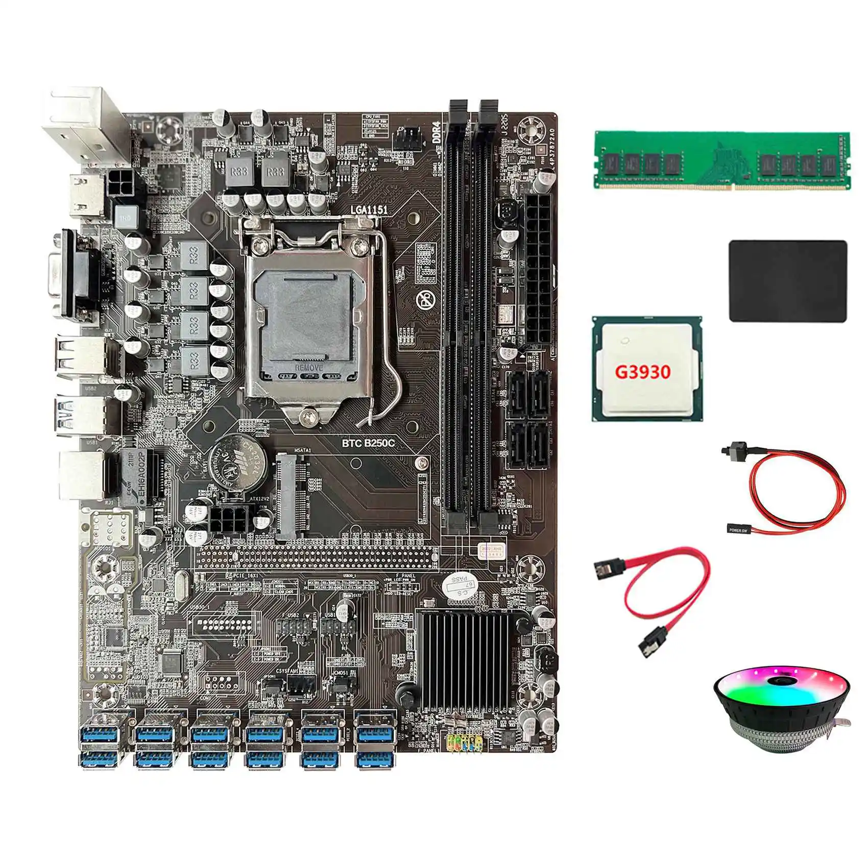 

Материнская плата для майнинга B250C + процессор G3930 + DDR4 4 ГБ ОЗУ + 128G SSD + вентилятор RGB + кабель переключения + кабель SATA 12XPCIE к ГПУ слоту для карты ...