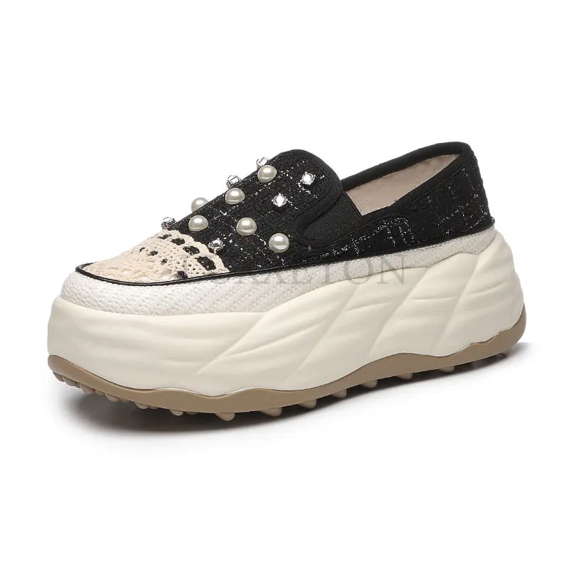 

Женские массивные туфли на плоской платформе 6 см, элегантные лаконичные лоферы из ткани, с жемчугом, с круглым носком, роскошная обувь