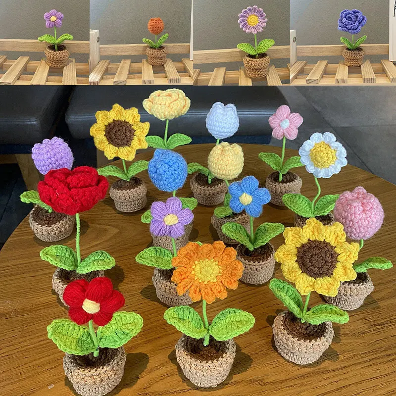 

Hand-knitted Sunflower Tulip Rose Crochet Flowers Potted Plants Homemade Finished Flower Home Table Car Decor Wedding Decoration