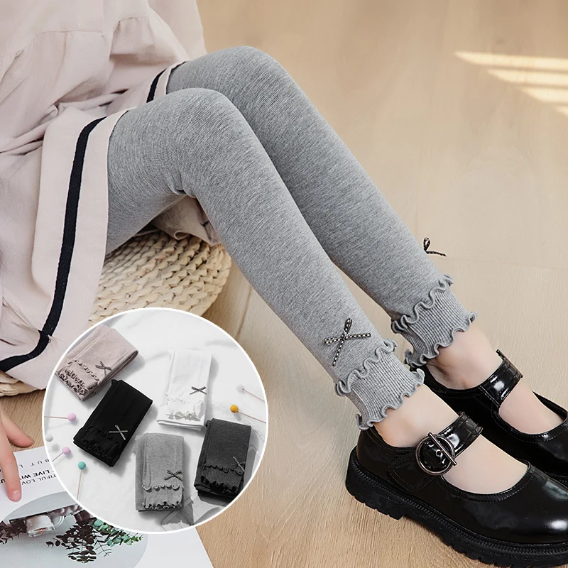 

Girls flat double wooden ears bowknot cropped trousers spring autumn cotton child princess fashion leggings warm baby kids pants