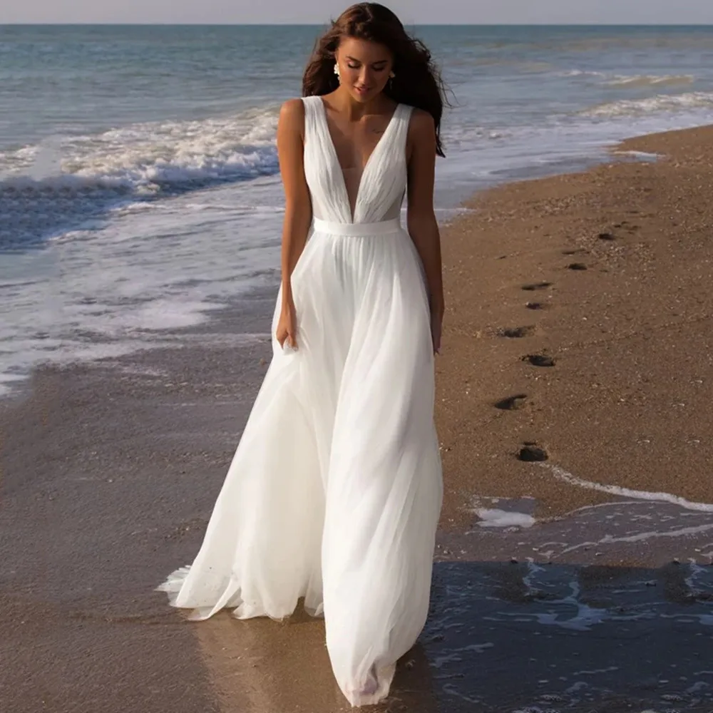 

Beach V Neck Bridal Wedding Dresses Boho Backless Wedding Gowns For Women Bride Party Sleeveless Robe De Mariée Custom Made