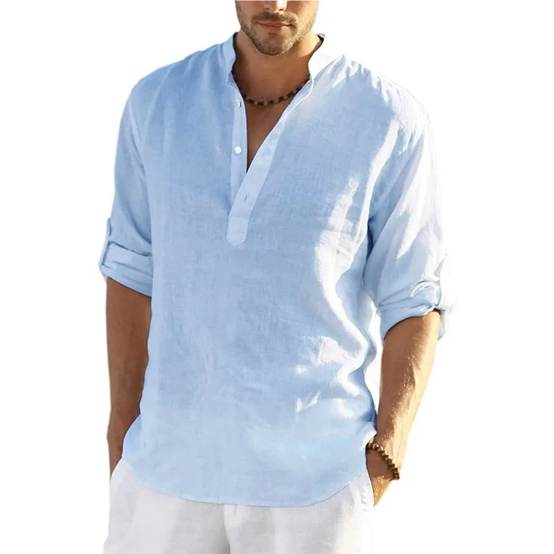 Summer Cotton Linen Men Shirts 2022 New Casual Loose Long Sleeve Stand Collar Tops Blouse Solid Button V-Neck Male Shirts Tops