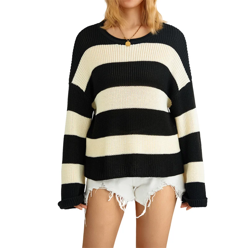 

Female Casual Fashion Sweater Warm Autumn Winter Strieps Knitwear Tops Women Long Sleeve Round Neck Loose Knitting Pullovers