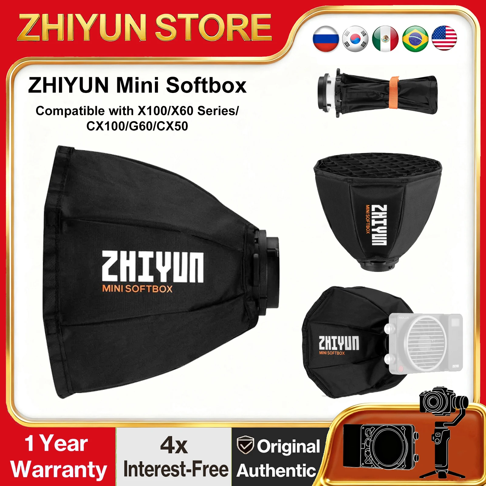 Фото Софтбокс ZHIYUN Mini Bowens Mount для фонарей с креплением ZY ZHIYUN MOLUS серии X100/X60/G60, ZHIYUN CINEPEER CX100/CX50/CX50 RGB №1