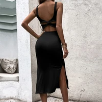 swing square neck sexy split women dressess summer fashion sling backless hollow middle waist solid pullover midi dress elegant
