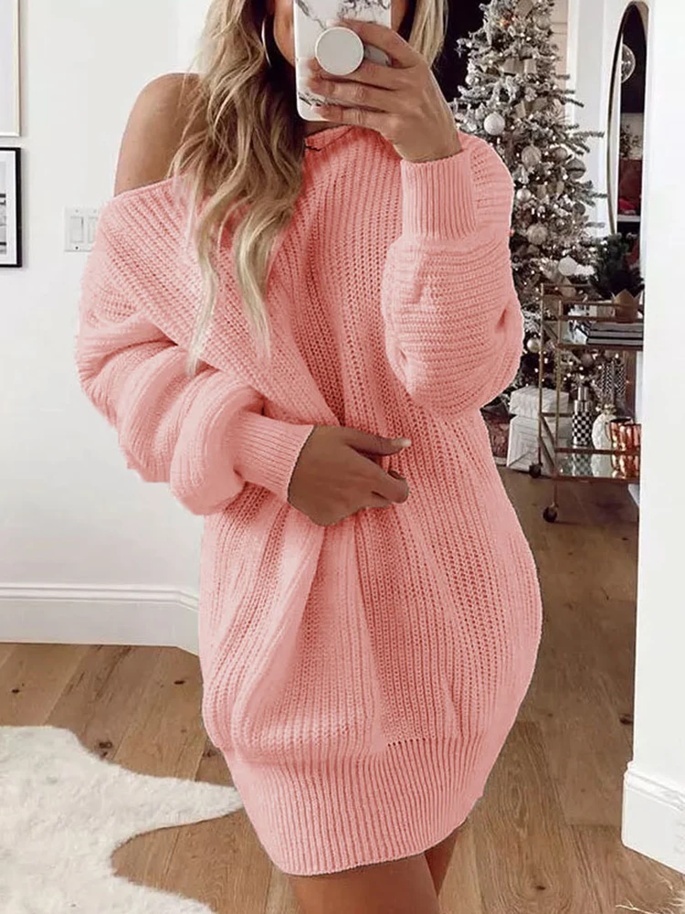 

Sweater Dresses for Women 2022 Sexy Off Shoulder Long Sleeve Solid Pink Dress Y2k Loose Casual Knit Long Top Mini Dresses Pull