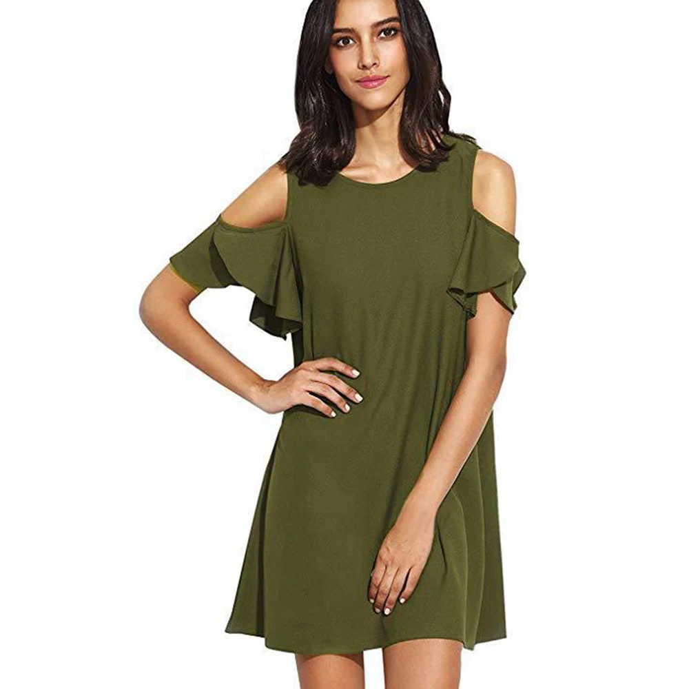 

Платье женское повседневное ТРАПЕЦИЕВИДНОЕ с круглым вырезом и открытыми плечами