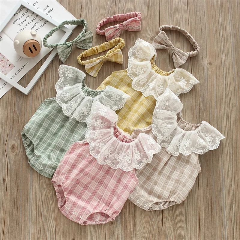 

Newest Fashion Newborn Baby Girl Clothes Off Shoulder Bowknot Plaid Bodysuit Jumpsuit Headband 2Pcs Outfits Set