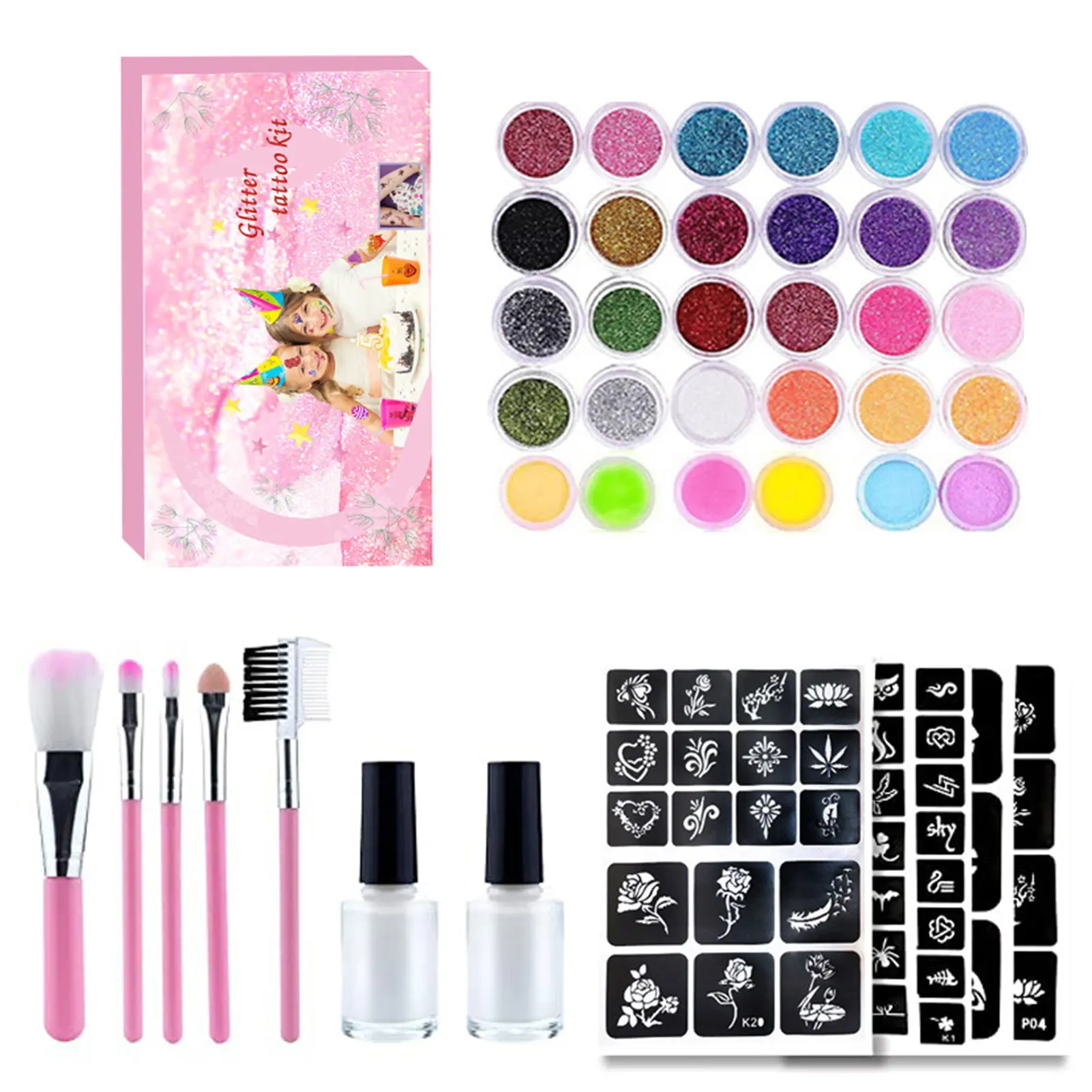 

2022 New Diamond Glitter Temporary Tattoo Set Glitter Powder Makeup Brush Tattoo Glue Tattoo Party Face Body Art Kits For Kids