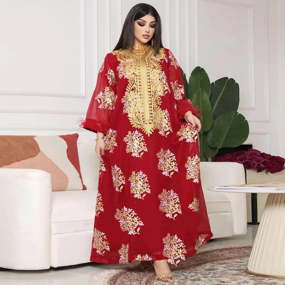 MD Muslim Dubai Abaya Islamic Clothes For Women Luxury Wedding Party Evening Gown Floral Embroidery Feather Boho Maxi Dress Bubu