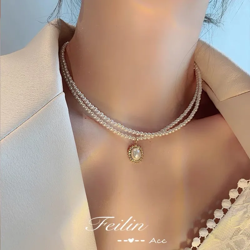 

YACHU Fashion Multilayer Pearl Necklace for Women Double Layered Korean Elegant Round Pendant Necklaces Wedding Jewelry Gifts