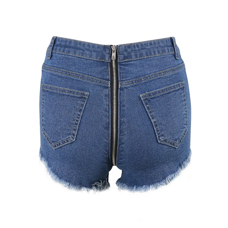 

2021 Summer Women All-Match New Indie Zipper In Back Sexy High Waist Jean Shorts Sexy Tassel Ripped Holes Dark Blue Denim Short