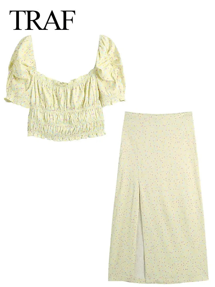 

Траф с пышными рукавами и квадратным вырезом, эластичный Топ, цельная юбка, женская одежда, повседневный элегантный облегающий женский кост...