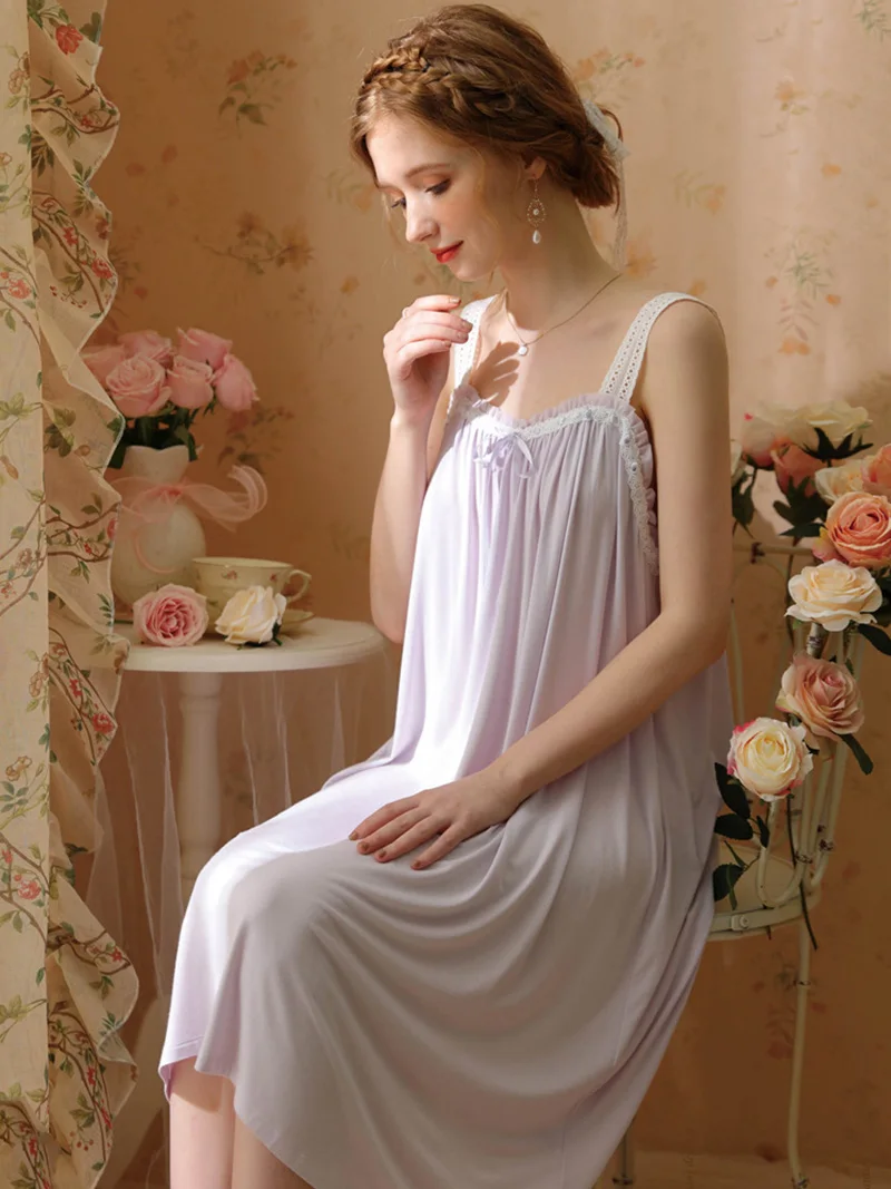 Women Summer Victorian Nightgowns Spaghetti Strap Backless Lace Fairy Nightdress Sweet Vintage Princess Modal Sexy Sleepwear