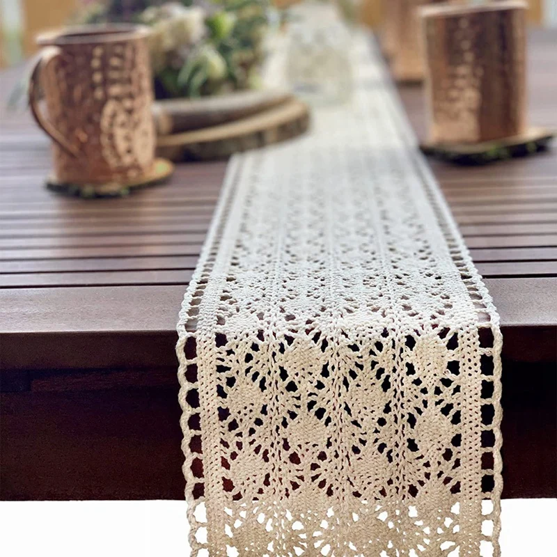 

SEWS-Table Runner Macrame For Wedding In Boho Style Beige Cream (15 X 200 Cm) Table Runner,Vintage Crochet Rustic , Wedding