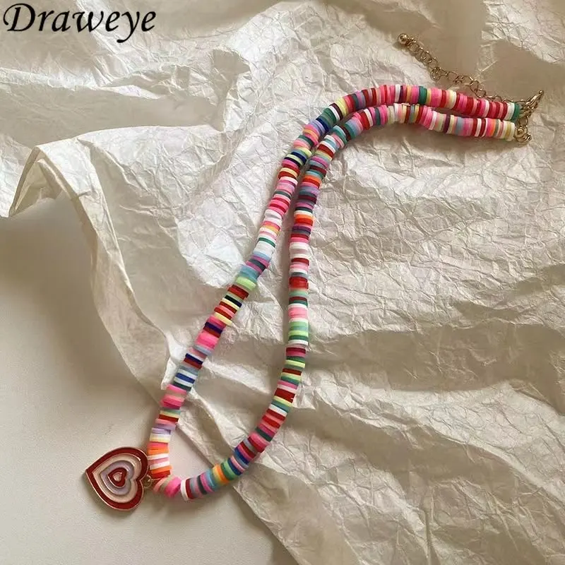 

Draweye Ins Fashion Necklaces for Women Coloful Beads Heart Cute Bohemia Pendant Necklace Chain Beach Sweet Jewelry Gift